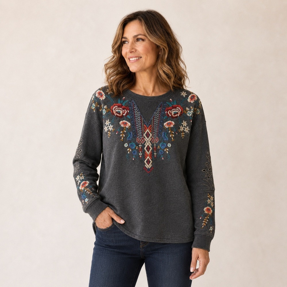 Johnny Was Sweatshirt Embroidered Floral Eyelet Cotton Womens Grey L J18520-7